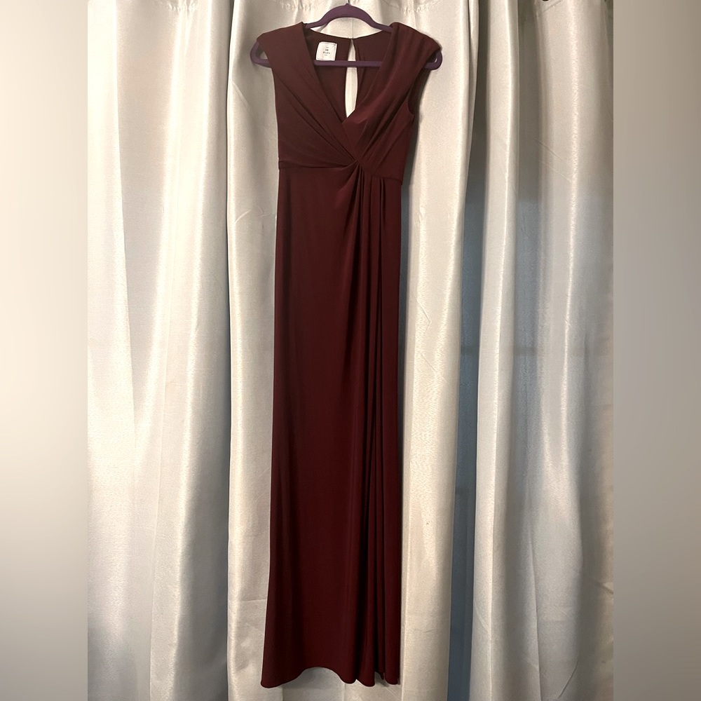 David’s Bridal burgundy ruched front with side split.